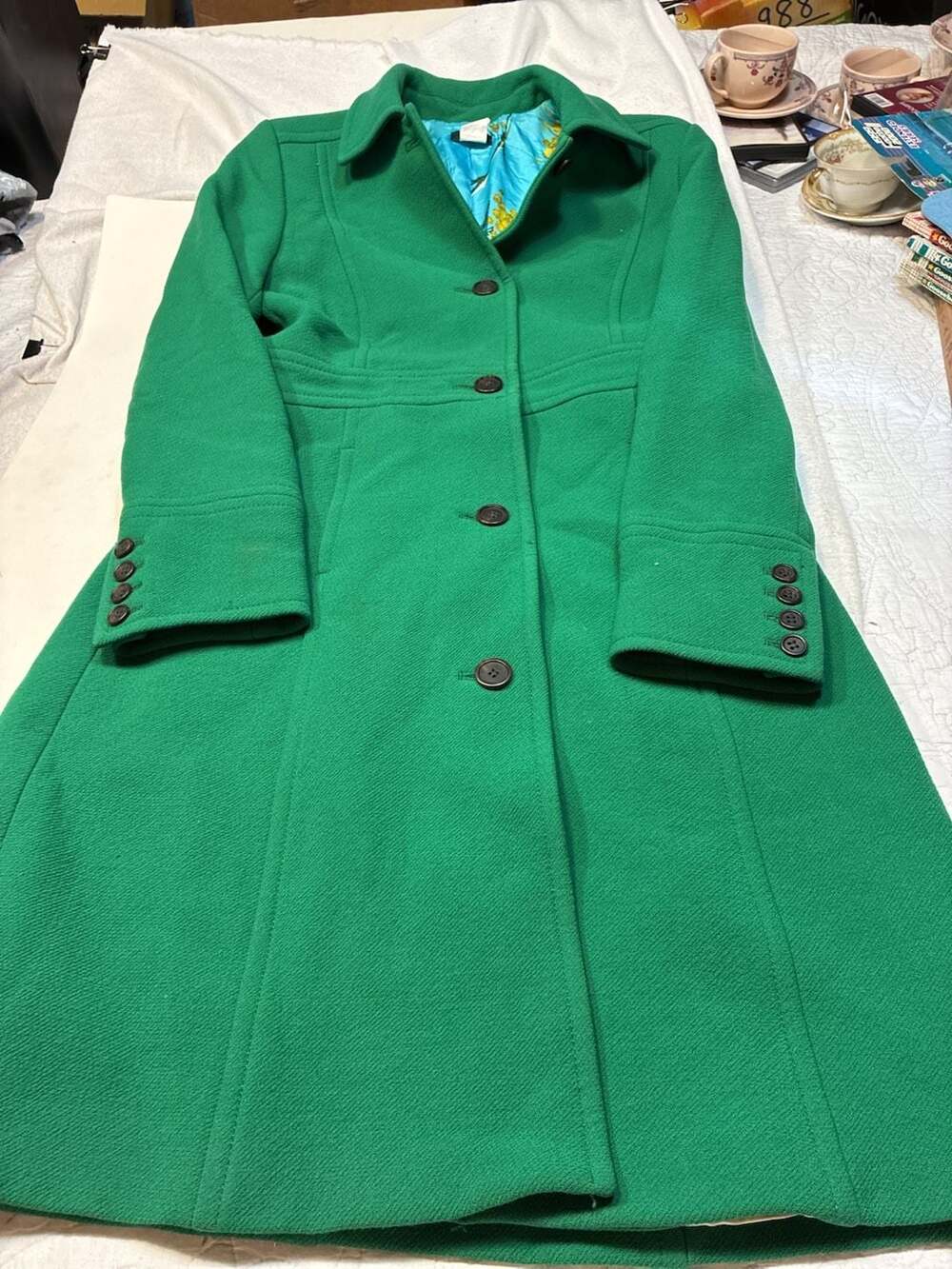 J.Crew Wool Trench Coat Size 4 Green Long Floral Lining